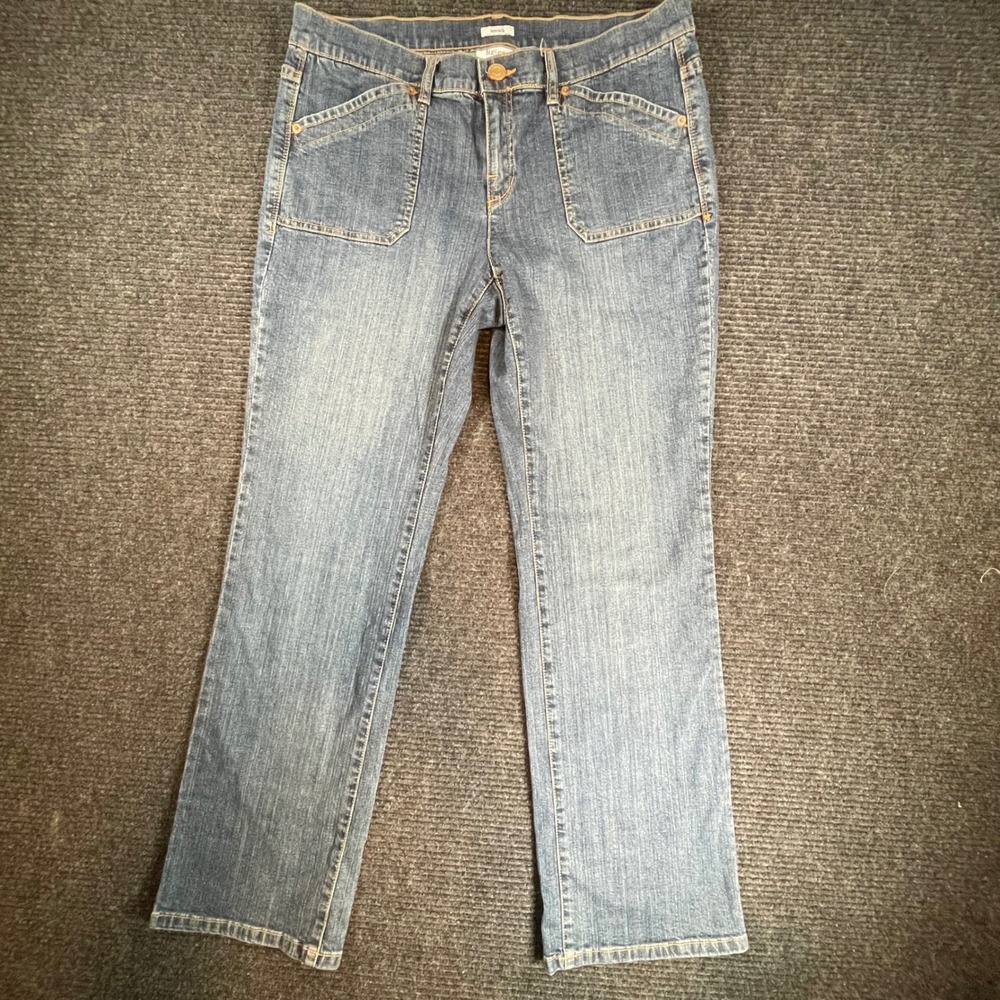Liz & Co Womens Blue Stretch Straight Leg Jeans Size 12 Medium Wash Patch Pocket